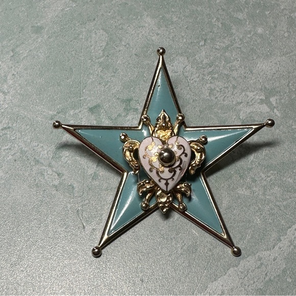 Coro Gold Tone Blue Enamel Star Shaped Crown Signed Large Pin Brooch - Picture 2 of 6